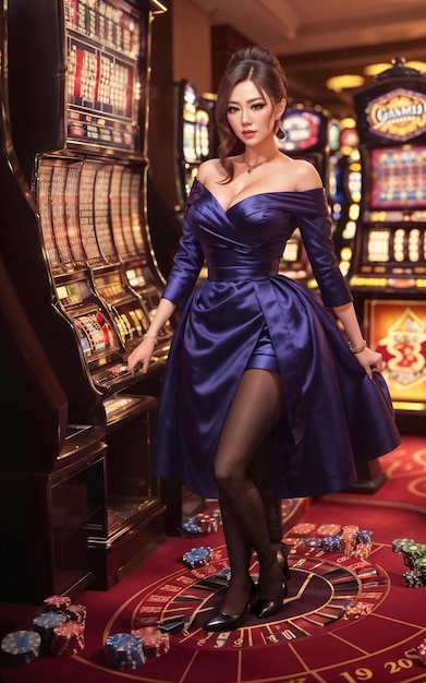 高級カジノの生成AIでドレスを着た美しいギャンブラーのアジア人女性