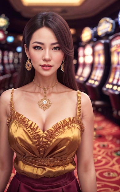 Beautiful gambler asian woman in dress at luxury casino generative AI