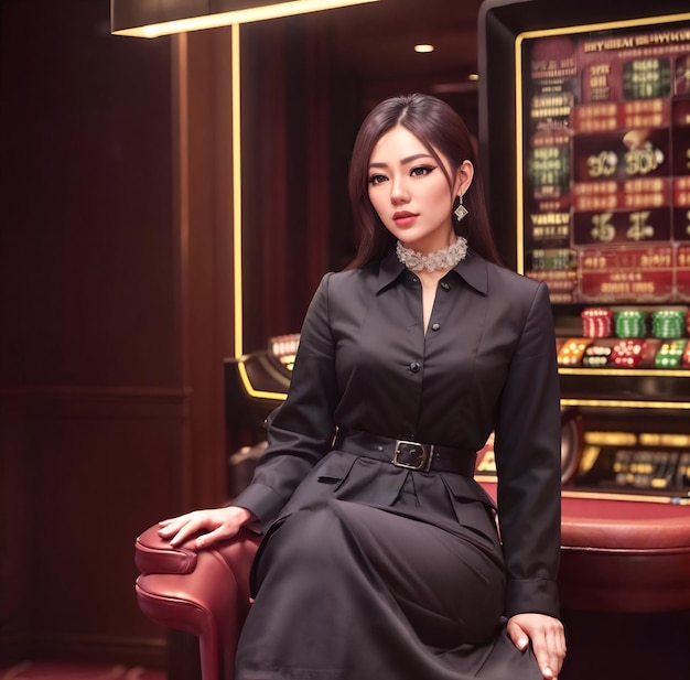 Beautiful gambler asian woman in dress at luxury casino generative AI