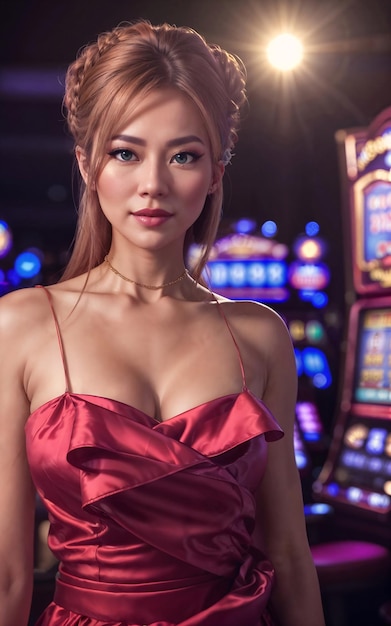 Bella donna asiatica del giocatore d'azzardo in vestito al casinò di lusso ai generativo