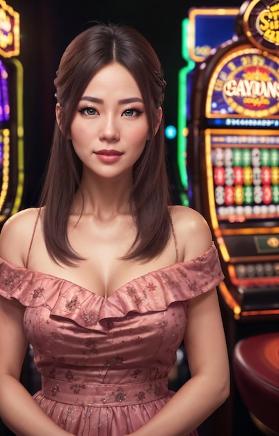 高級カジノの生成AIでドレスを着た美しいギャンブラーのアジア人女性