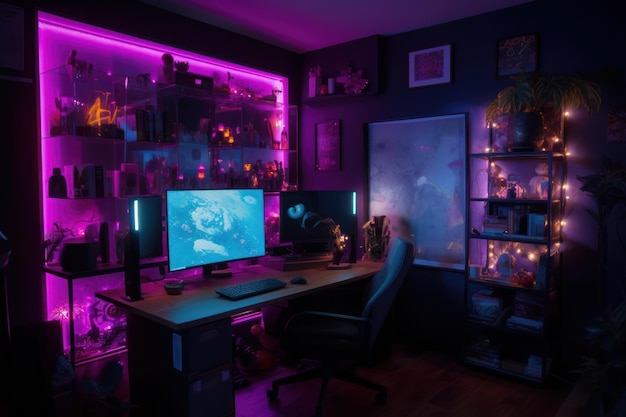 Beautiful gaming set up with purple lights generative AI