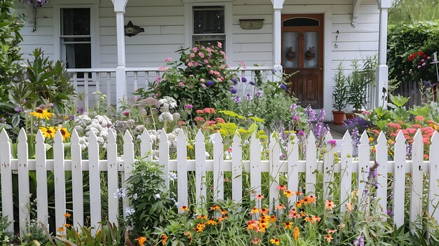 Photo a beautiful garden full of colorful flowers in front of a white picket fence the garden is wellmaintained and the flowers are in full bloom