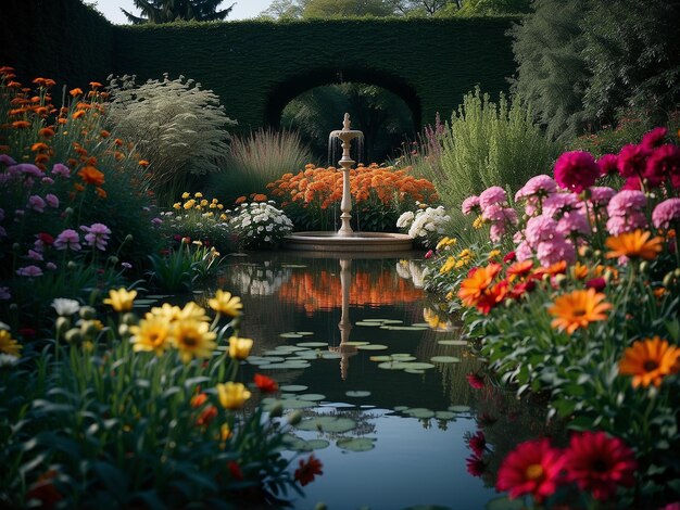 A beautiful garden full of flowers and stone ornaments