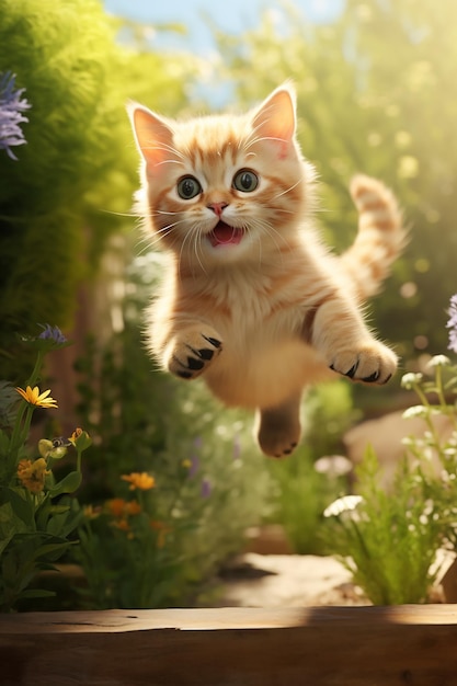 in a beautiful garden a kitten leaping and jumping in air