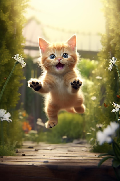 in a beautiful garden a kitten leaping and jumping in air