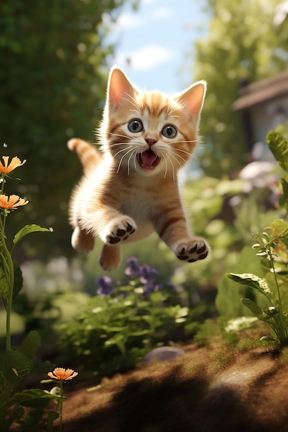 in a beautiful garden a kitten leaping and jumping in air