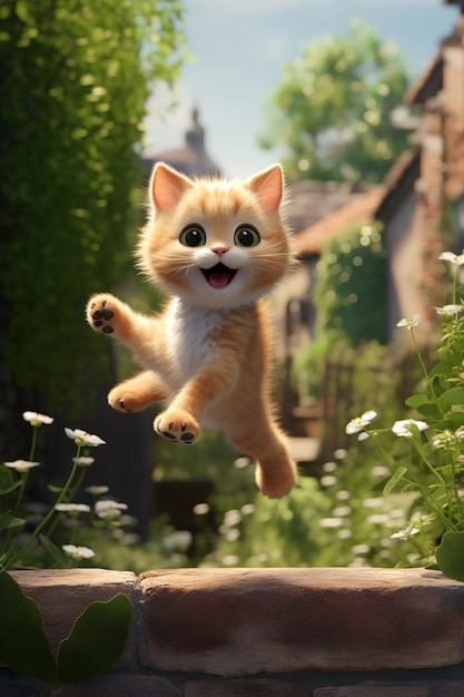 in a beautiful garden a kitten leaping and jumping in air