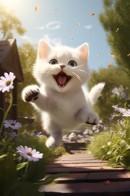 in a beautiful garden a kitten leaping and jumping in air