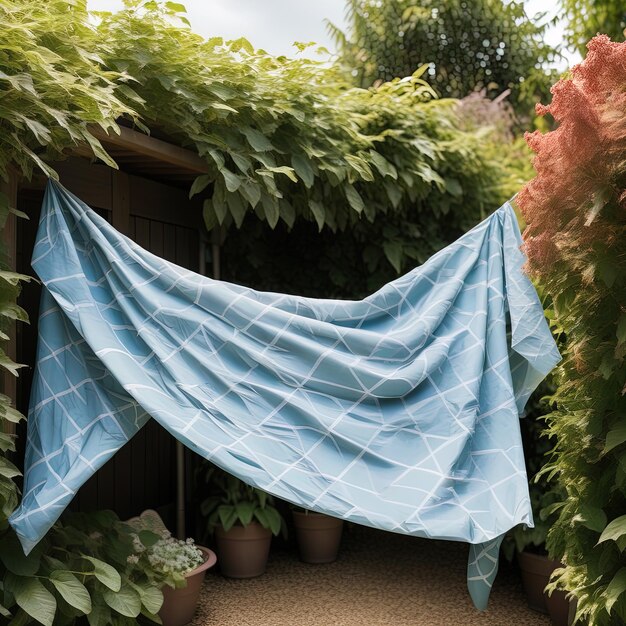 beautiful garden in the parka vertical shot of a blue and white fabric hanging on a wooden surface