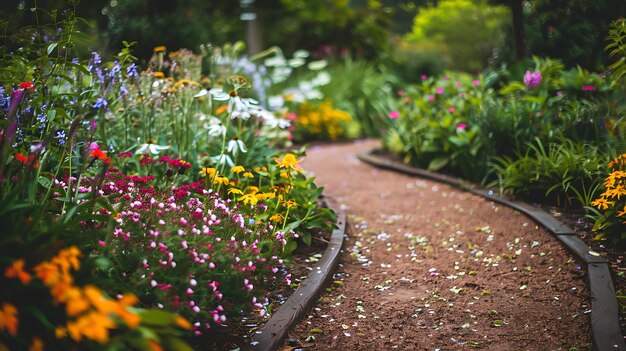 A beautiful garden path with a variety of flowers in bloom The path is made of stone and is lined with colorful flowers