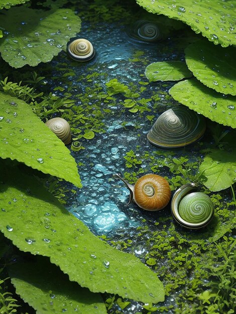 A beautiful garden Snail in grass plant AI Generated