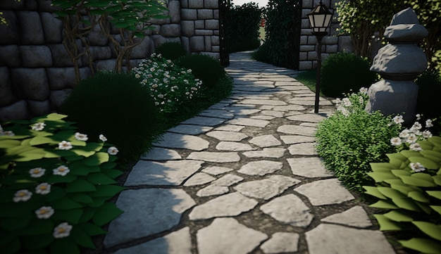 Красивая садовая дорожка из камней картинки AI Сгенерированное изображение