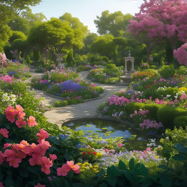 Beautiful garden view with various flowers ai generated