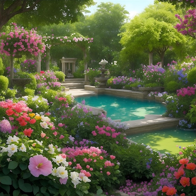 beautiful garden view with various flowers AI generated