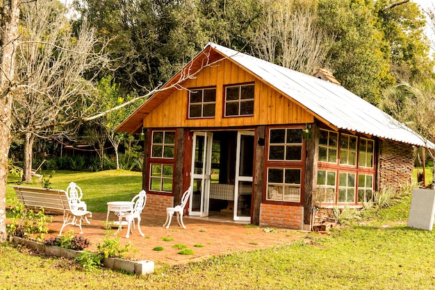 Beautiful garden with barbecue kiosk in a country house.