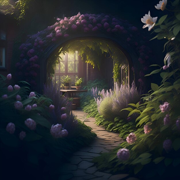 beautiful garden with flowers in soft lighting