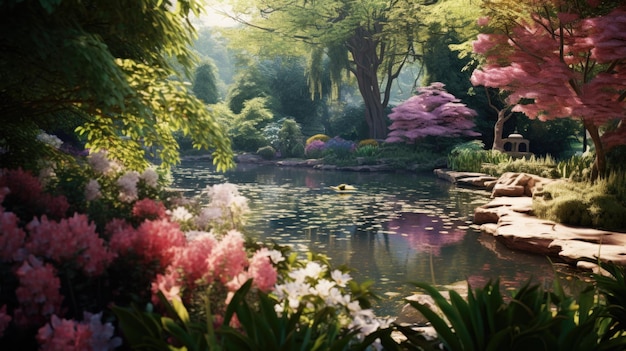 Foto un bellissimo giardino con fiori e alberi ai