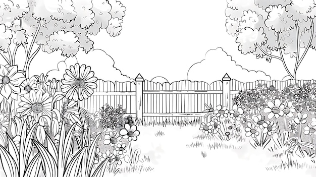 背景に木製のフェンスがある美しい庭園にバラデイジーリリーなど多くの花があります