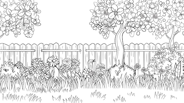 A beautiful garden with a wooden fence flowers and a tree The garden is full of blooming flowers and lush green grass
