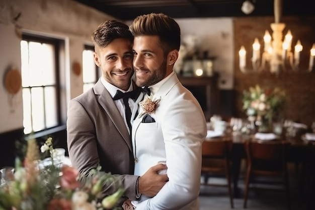 Beautiful gay couple at their wedding
