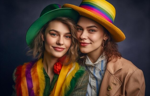 A beautiful gay couple with rainbow flag colors posing for a lgbtq pride month photoshoot