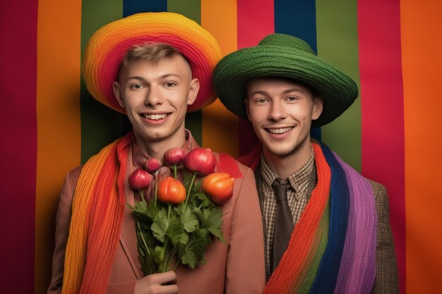 A beautiful gay couple with rainbow flag colors posing for a lgbtq pride month photoshoot