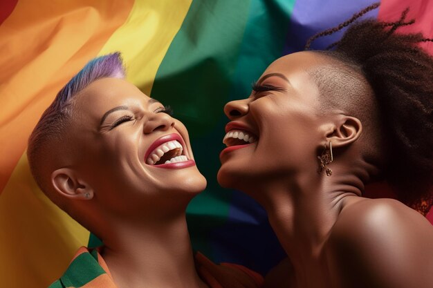 A beautiful gay couple with rainbow flag colors posing for a LGBTQ Pride Month photoshoot