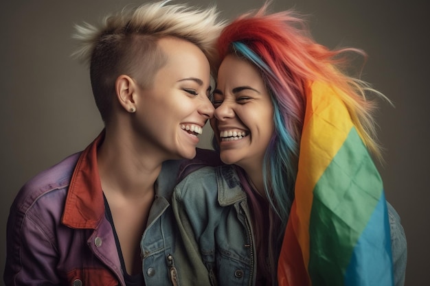 LGBTQ プライド月間の写真撮影のためにポーズをとる虹色の旗を持つ美しい同性愛者のカップル