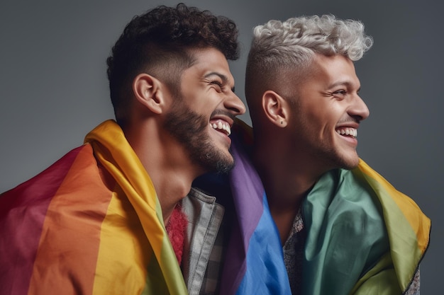 Photo a beautiful gay couple with rainbow flag colors posing for a lgbtq pride month photoshoot