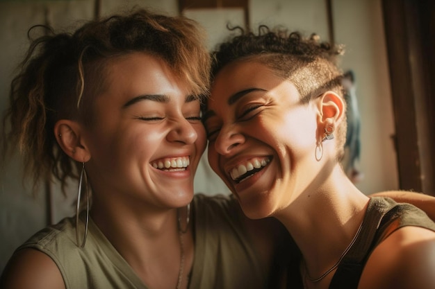 Beautiful gay lesbian couple practicing mindfulness meditation and wellness at home