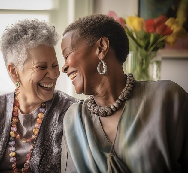 Beautiful gay lesbian couple practicing mindfulness meditation and wellness at home