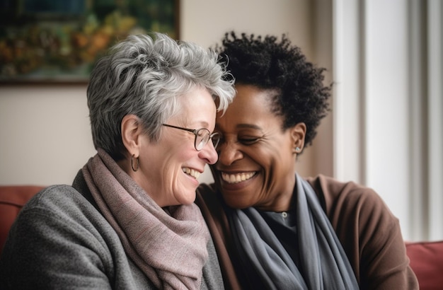 Beautiful gay lesbian couple practicing mindfulness meditation and wellness at home