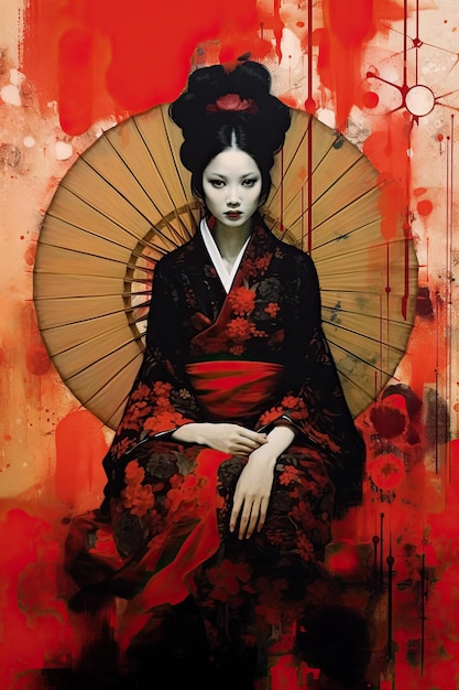 Beautiful geisha Japanese woman in traditional costume and makeup Black and red kimono