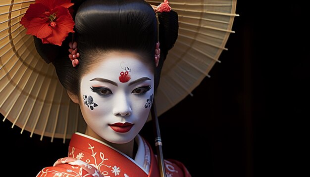 Foto bella geisha in abiti tradizionali elegante e ornata generata dall'ai