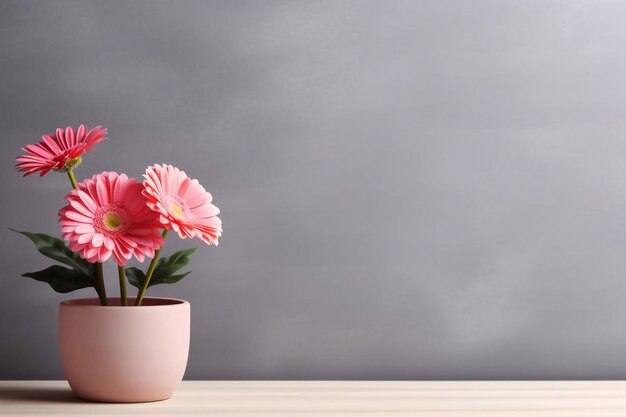 Beautiful gerbera flower in pot on light wooden table