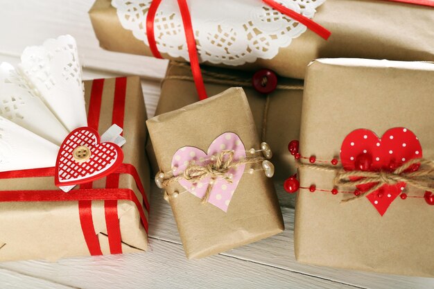 Beautiful gift boxes close-up. Valentine Day concept