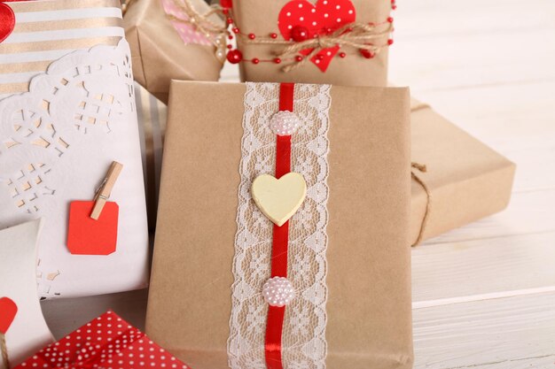 Beautiful gift boxes close-up. Valentine Day concept