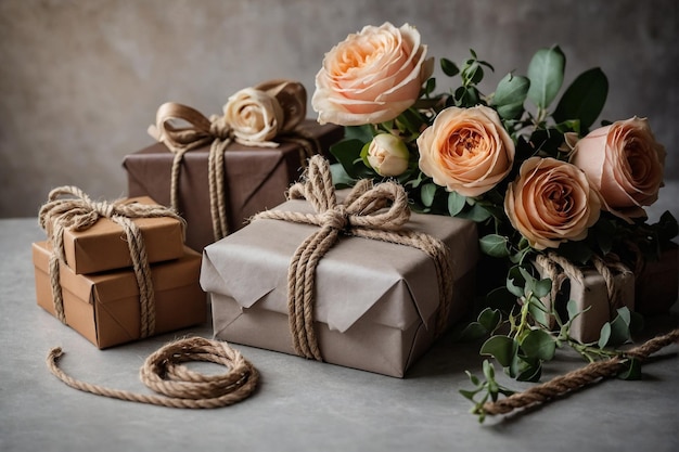 Photo beautiful gifts with flowers and decorative rope