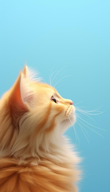 Beautiful ginger cat on a blue background Closeup