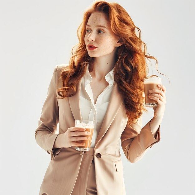 A beautiful ginger woman elegant beige suit coffee magazine photography