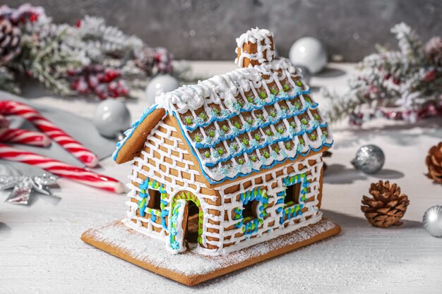 Beautiful gingerbread house and Christmas decor on table