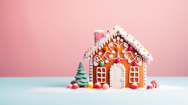 A beautiful gingerbread house on a delicate light background