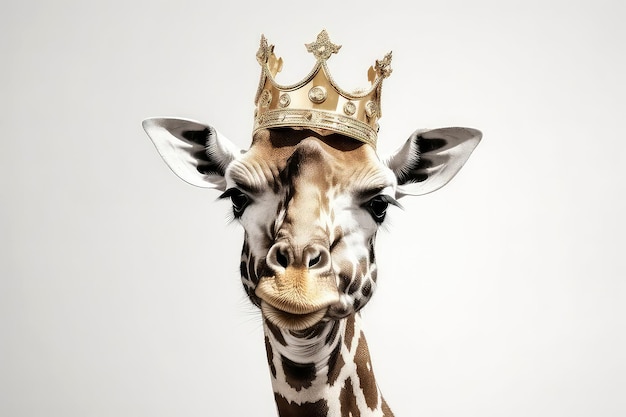 Красивый жираф в золотой короне на белом фоне Генеративный AI