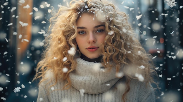 Beautiful girl on abstract christmas background created with Generative Al technology