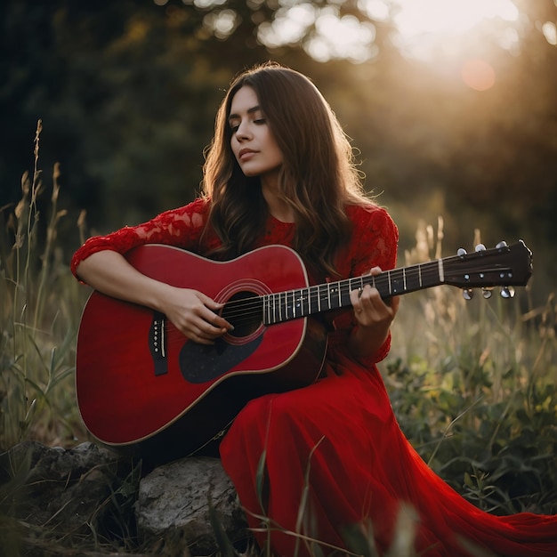 Foto bella ragazza chitarra acustica stile romantico con vestito rosso