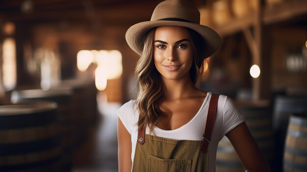 Красивая девушка в фартуке и ковбойской шляпе на пивном складе