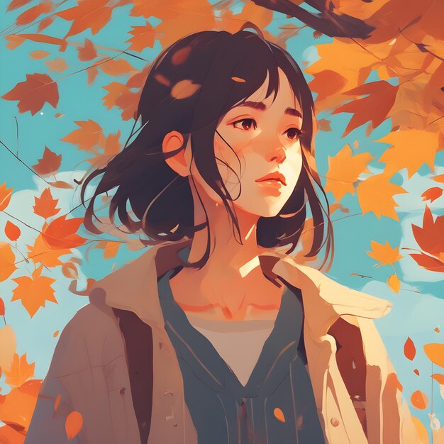 Beautiful girl in the autumn forest Illustration of a young woman in a coat Generative AI
