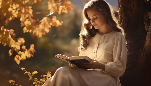 Beautiful girl in autumn forest reading a book