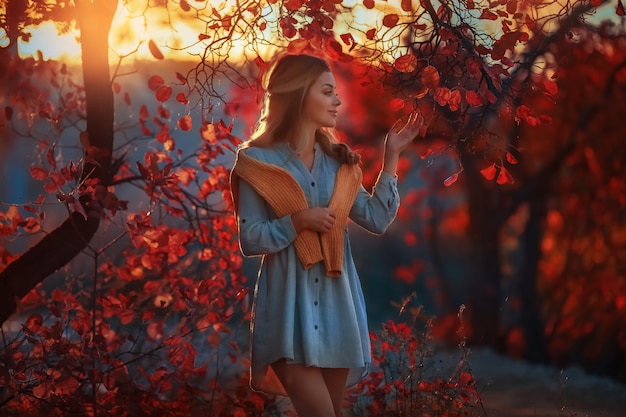 Beautiful girl in autumn garden in trees with red yellow leaves